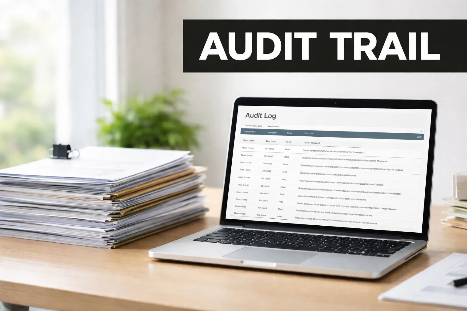 A laptop displaying an audit log on its screen next to a large stack of paper documents.