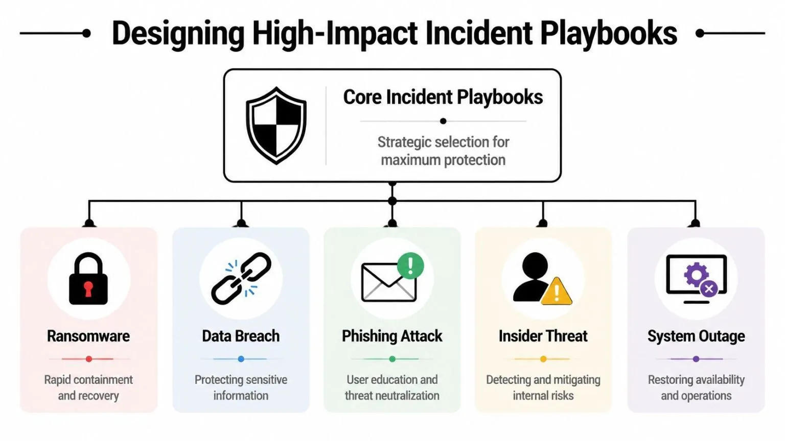 A diagram illustrating five essential high-impact incident response playbooks for cybersecurity protection and risk management.