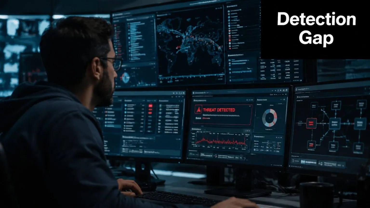 A cybersecurity professional monitoring a network with multiple screens displaying threat detection warnings and data analytics charts.