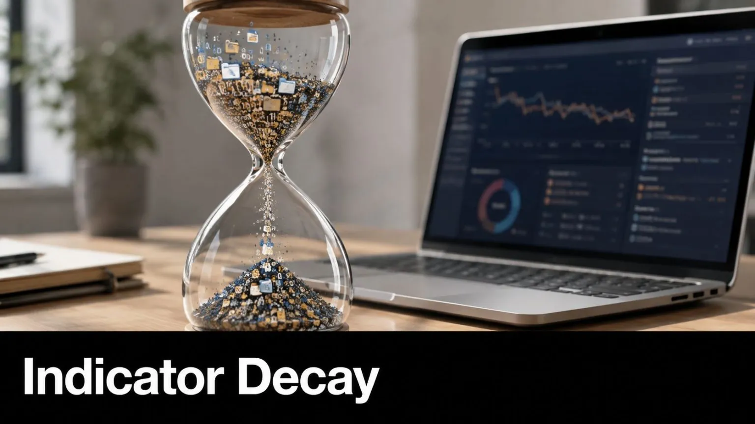 An hourglass filled with digital file icons sitting on a desk next to a laptop displaying analytics.