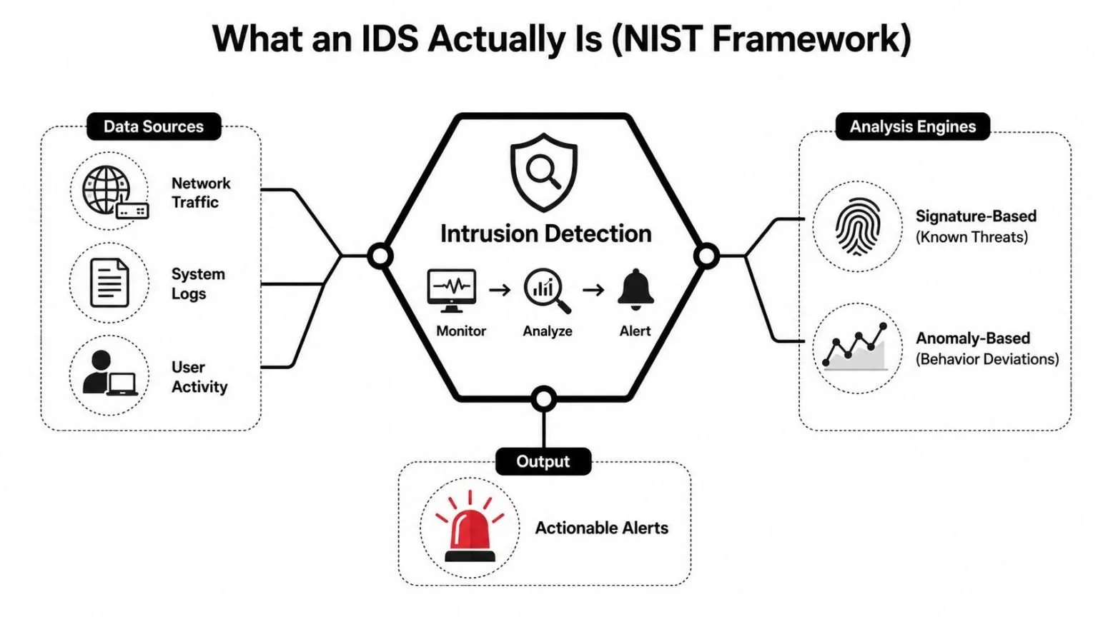 A diagram illustrating the NIST framework for intrusion detection systems, showing data sources, analysis engines, and output.