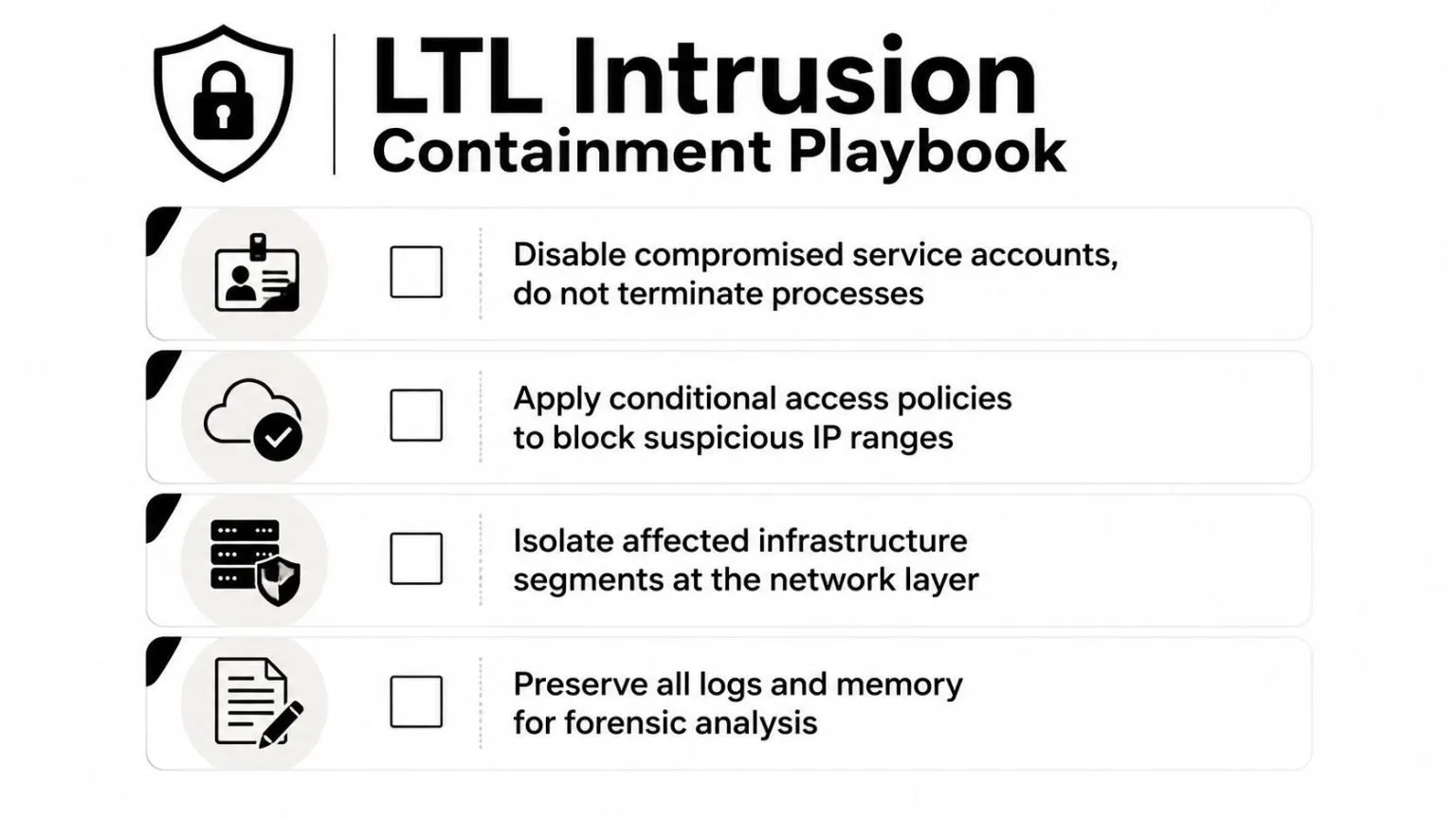 A cybersecurity checklist for LTL intrusion containment showing four critical steps for incident response procedures.