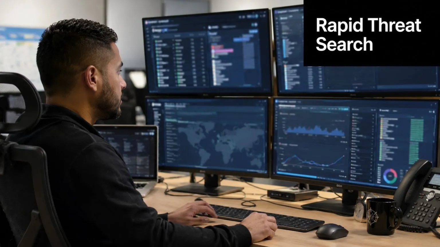 A cybersecurity analyst sitting at a desk monitoring complex digital data and threat patterns on multiple screens.
