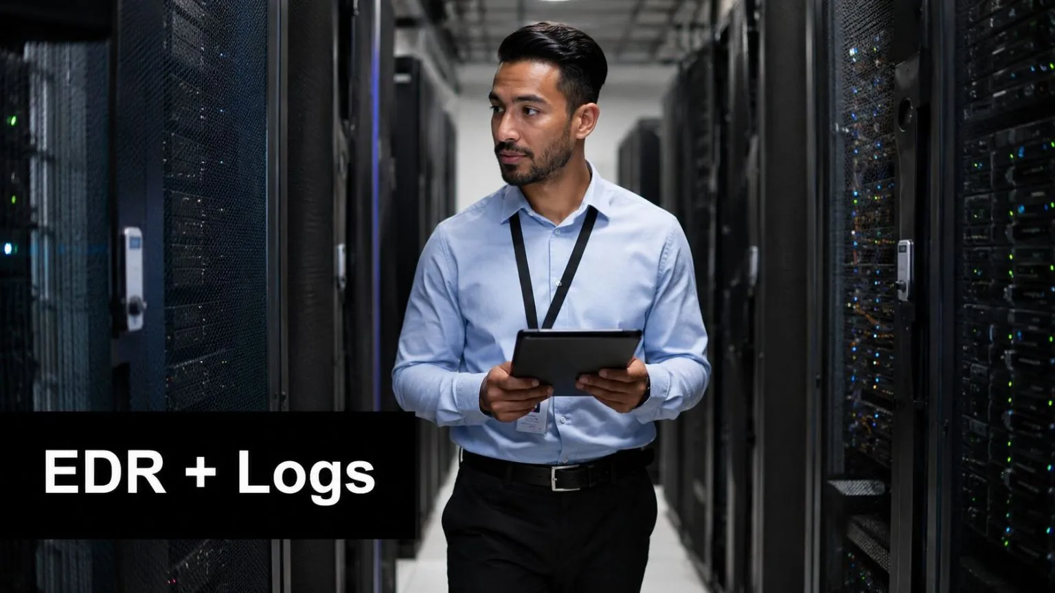 A professional technician holding a tablet inside a data center, promoting advanced log aggregation tools.