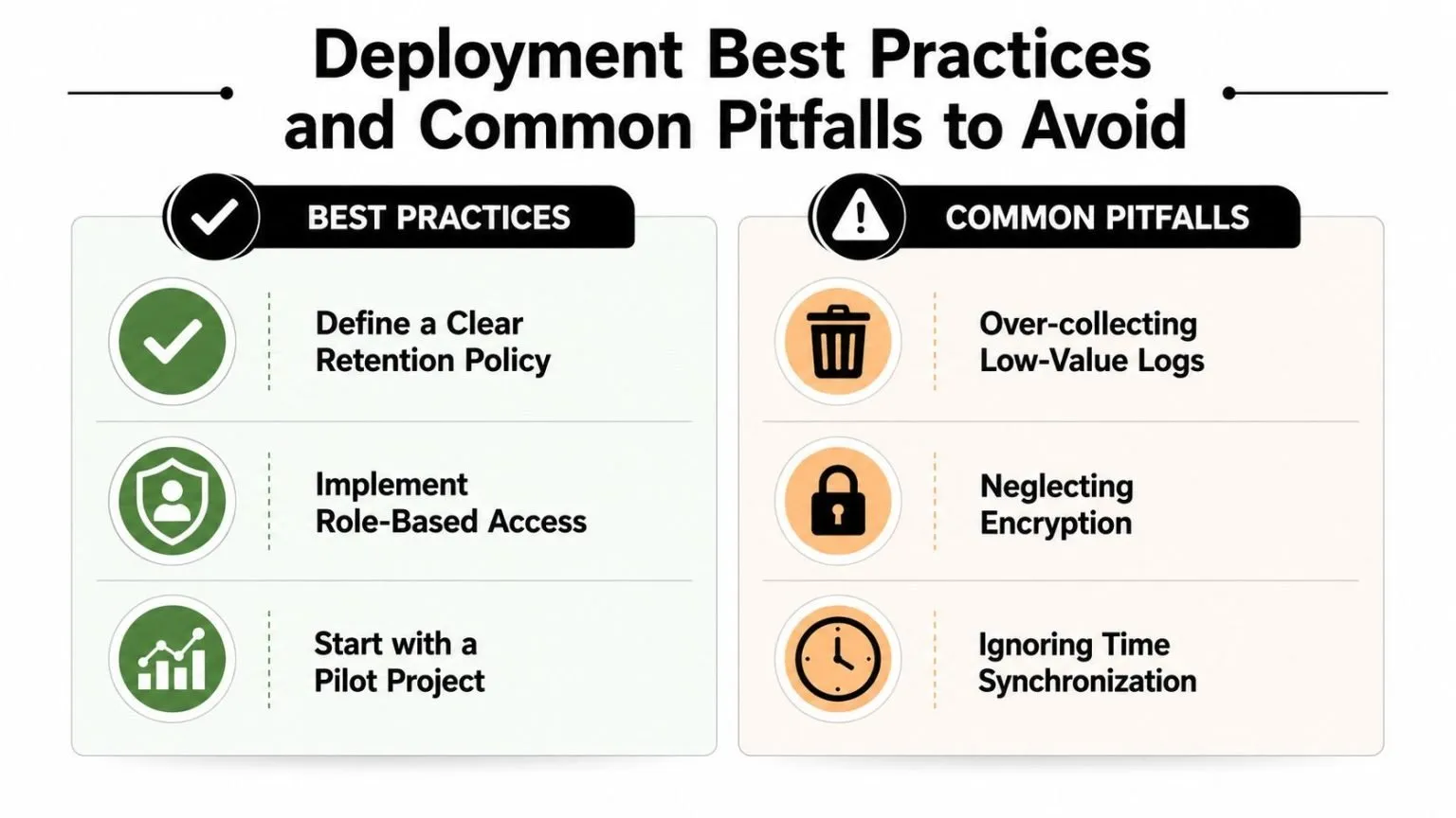 A comparison chart showing deployment best practices versus common pitfalls for log management, including retention and security.