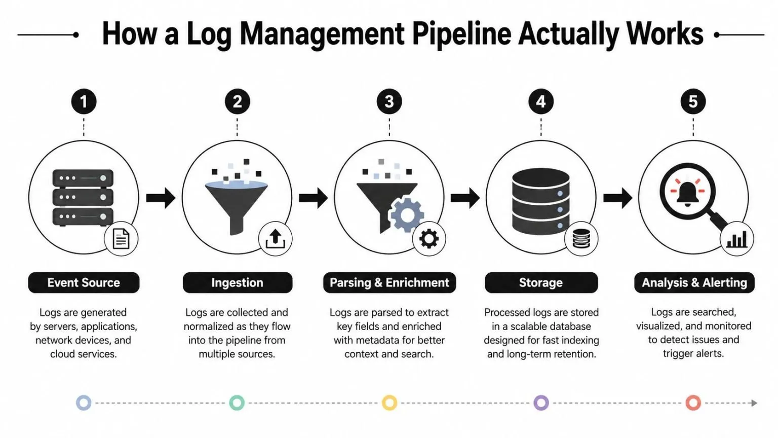 A five-step diagram illustrating the process of a log management pipeline from data source to analysis.