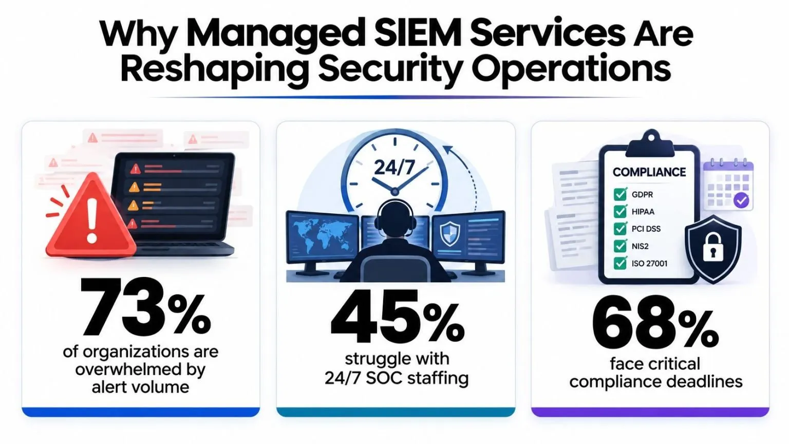 An infographic showing statistics on why organizations struggle with security, including alert volume, staffing, and compliance deadlines.