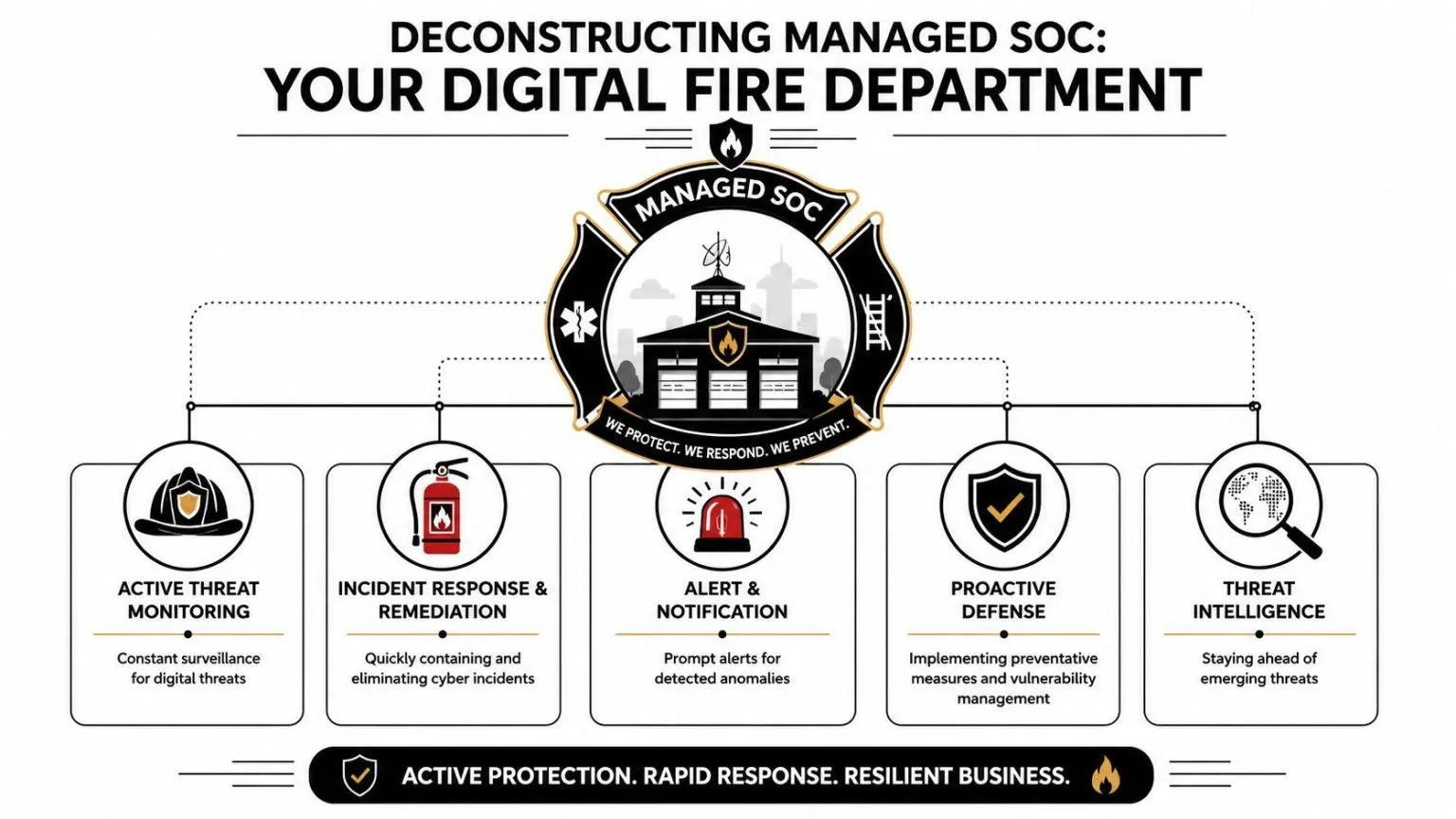 A diagram illustrating Managed SOC services as a digital fire department with five key operational pillars.