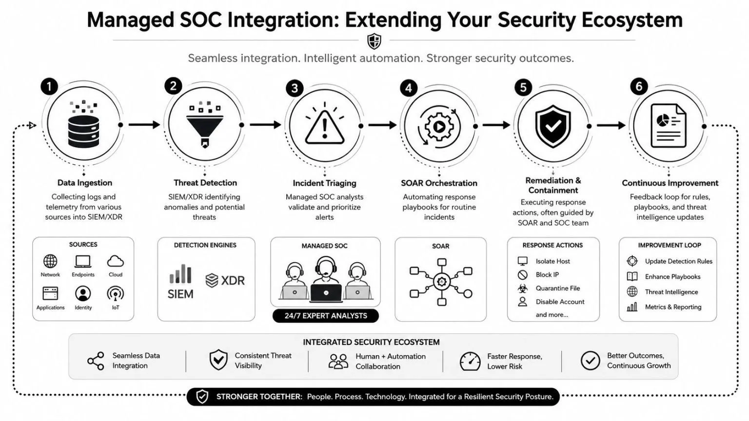 A diagram illustrating a six-step managed SOC process for integrating security tools and automated incident response.