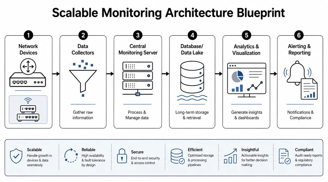 A diagram illustrating a six-step scalable monitoring architecture blueprint for managing network device data and infrastructure.