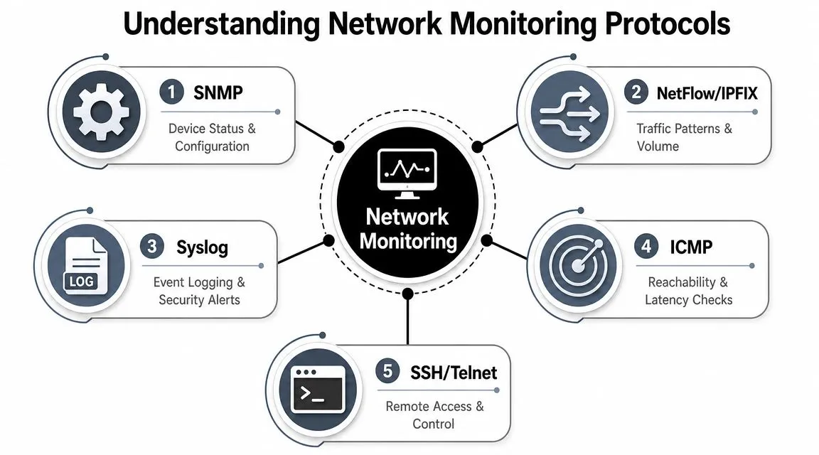 A diagram illustrating five essential network monitoring protocols: SNMP, NetFlow, Syslog, ICMP, and SSH or Telnet.