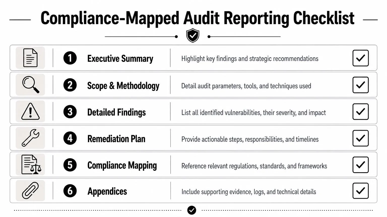 A checklist for compliance-mapped audit reporting featuring six essential steps for professional cybersecurity and regulatory documentation.