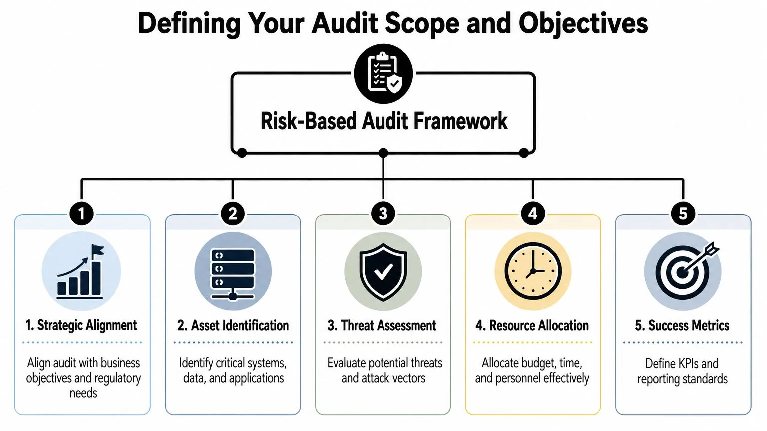 A diagram outlining a five-step risk-based audit framework for defining network security audit scope and objectives.