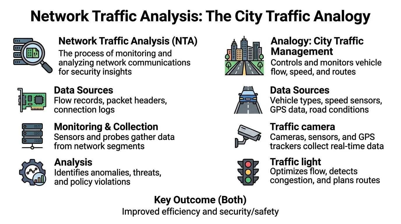 An infographic comparing network traffic analysis concepts to city traffic management using icons and descriptive bullet points.