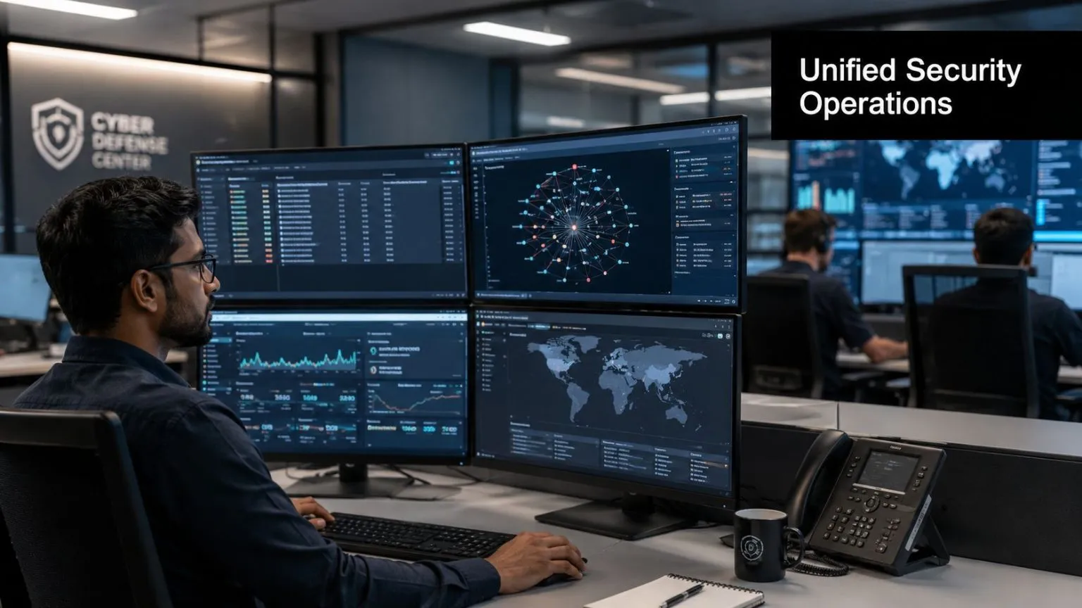 A cybersecurity professional monitoring global network threats on multiple computer screens in a dark operations center.