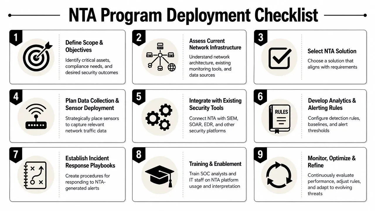 A nine-step NTA program deployment checklist infographic outlining procedures for network traffic analysis implementation and operations.