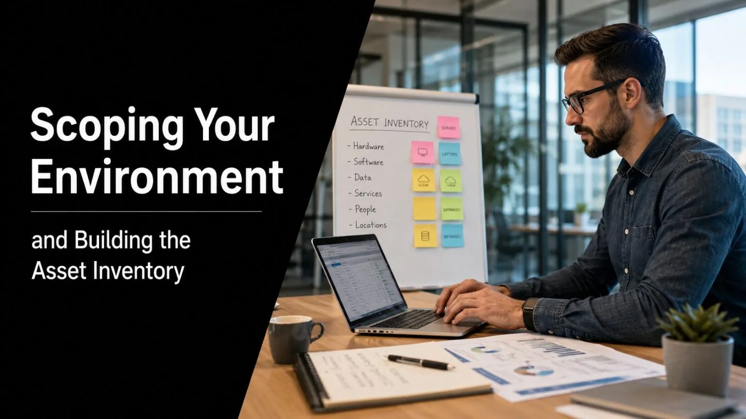 A professional man working on a laptop while scoping an asset inventory for compliance planning.