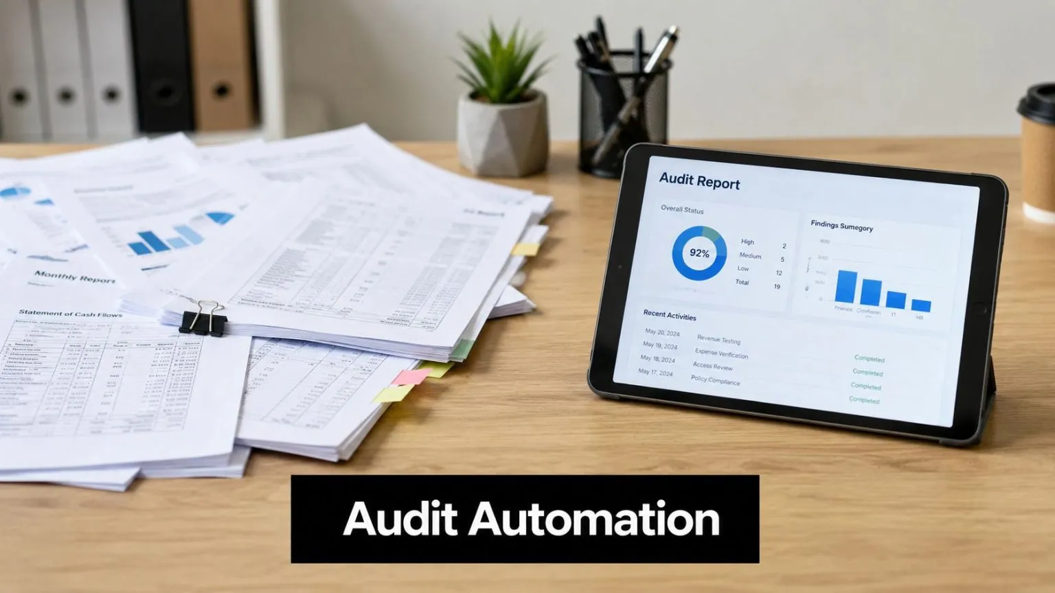 A digital audit report displayed on a tablet screen alongside organized business documents on a wooden desk.