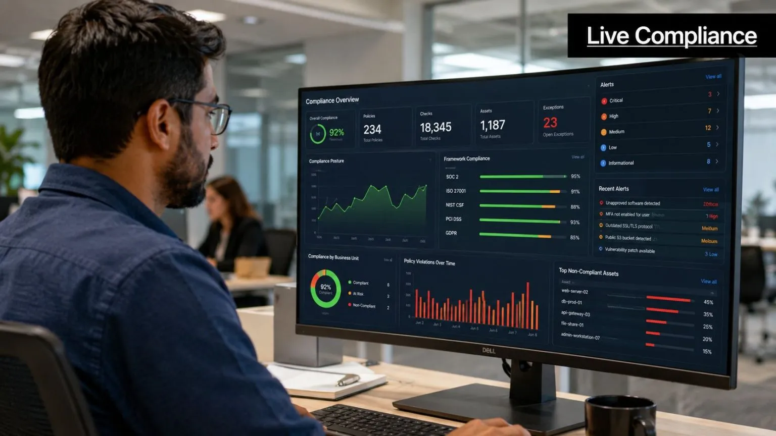 An IT professional reviewing real-time compliance metrics and security frameworks on a computer monitor in an office.
