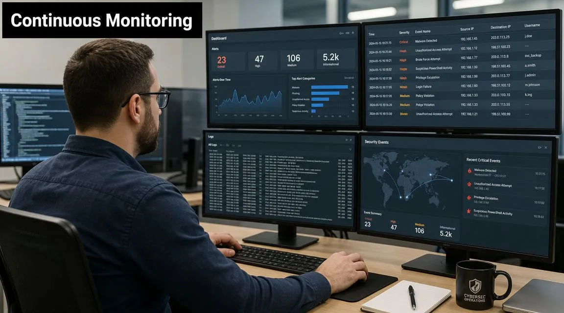 A cybersecurity analyst monitoring a complex network security dashboard with real-time threat data on multiple large monitors.
