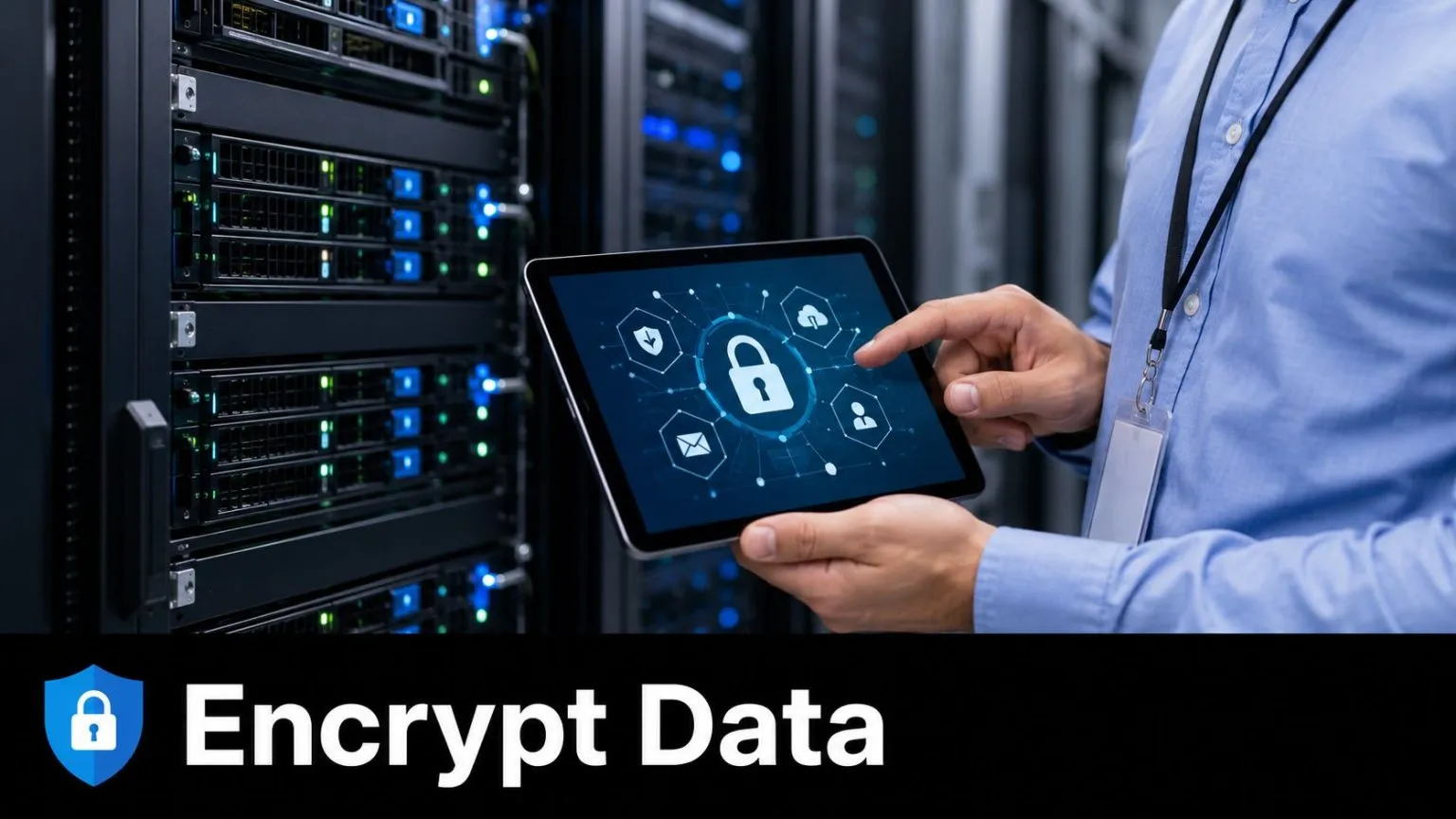 A technician manages data security in a server room while holding a tablet with a lock icon.