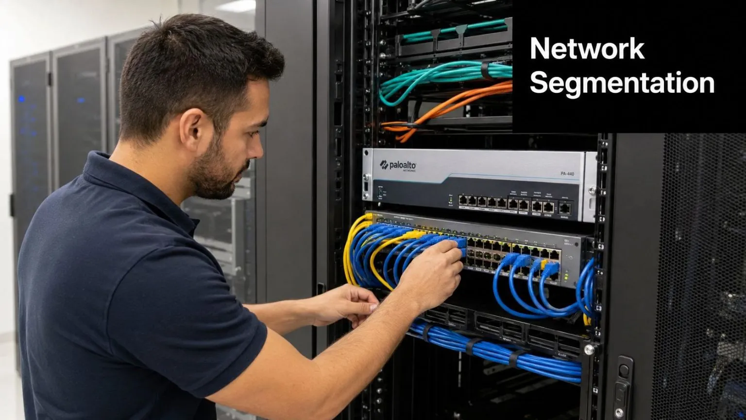 A technician performing network equipment maintenance on a Palo Alto Networks firewall inside a server rack.