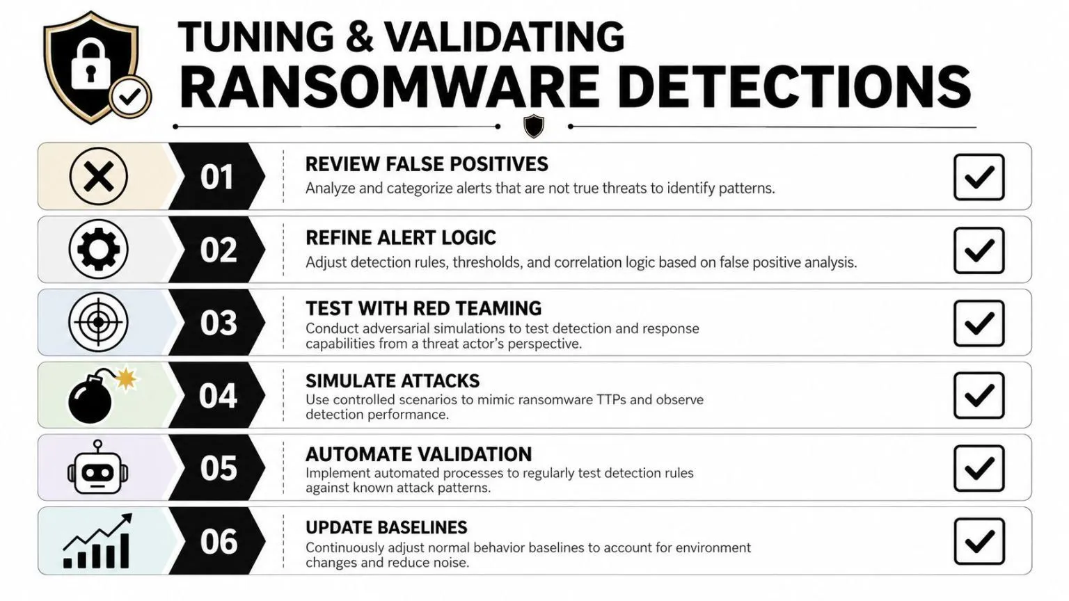 A six-step infographic outlining the process for tuning and validating organizational ransomware detection and security systems.