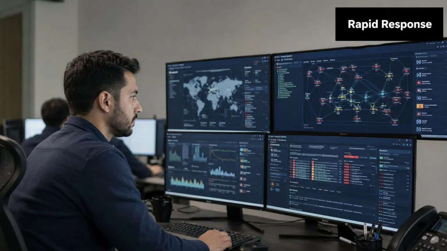 A cybersecurity analyst monitoring global network security and real-time threat data on multiple computer screens.