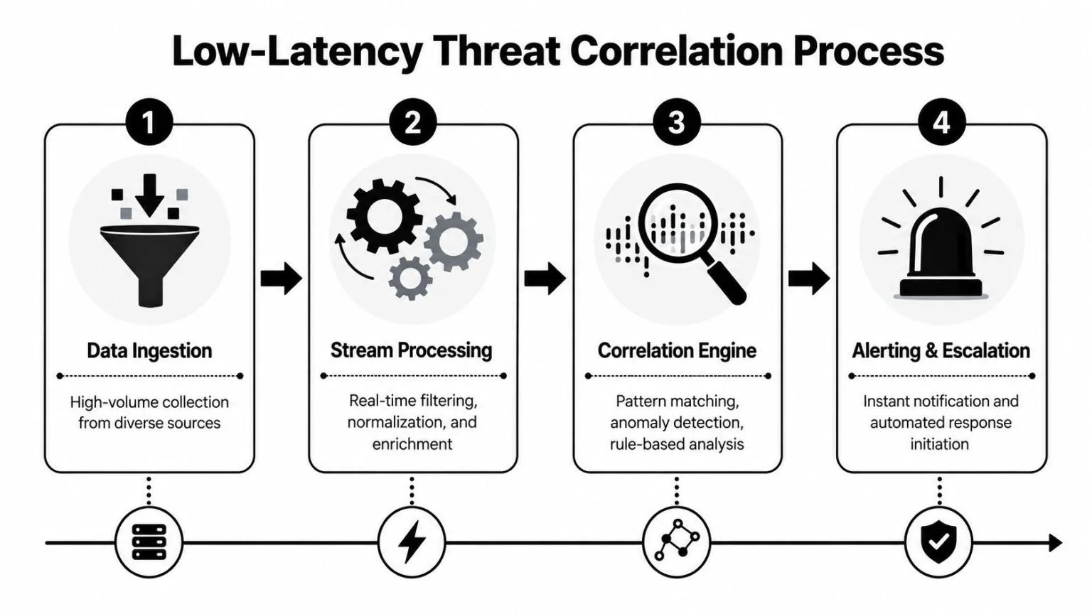 Flowchart illustrating the four-step low-latency threat correlation process for real-time security data analysis.