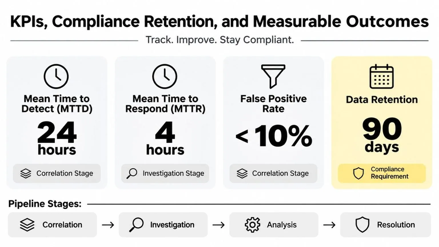 A performance dashboard showing key metrics for security event management including detection time, response time, and retention.