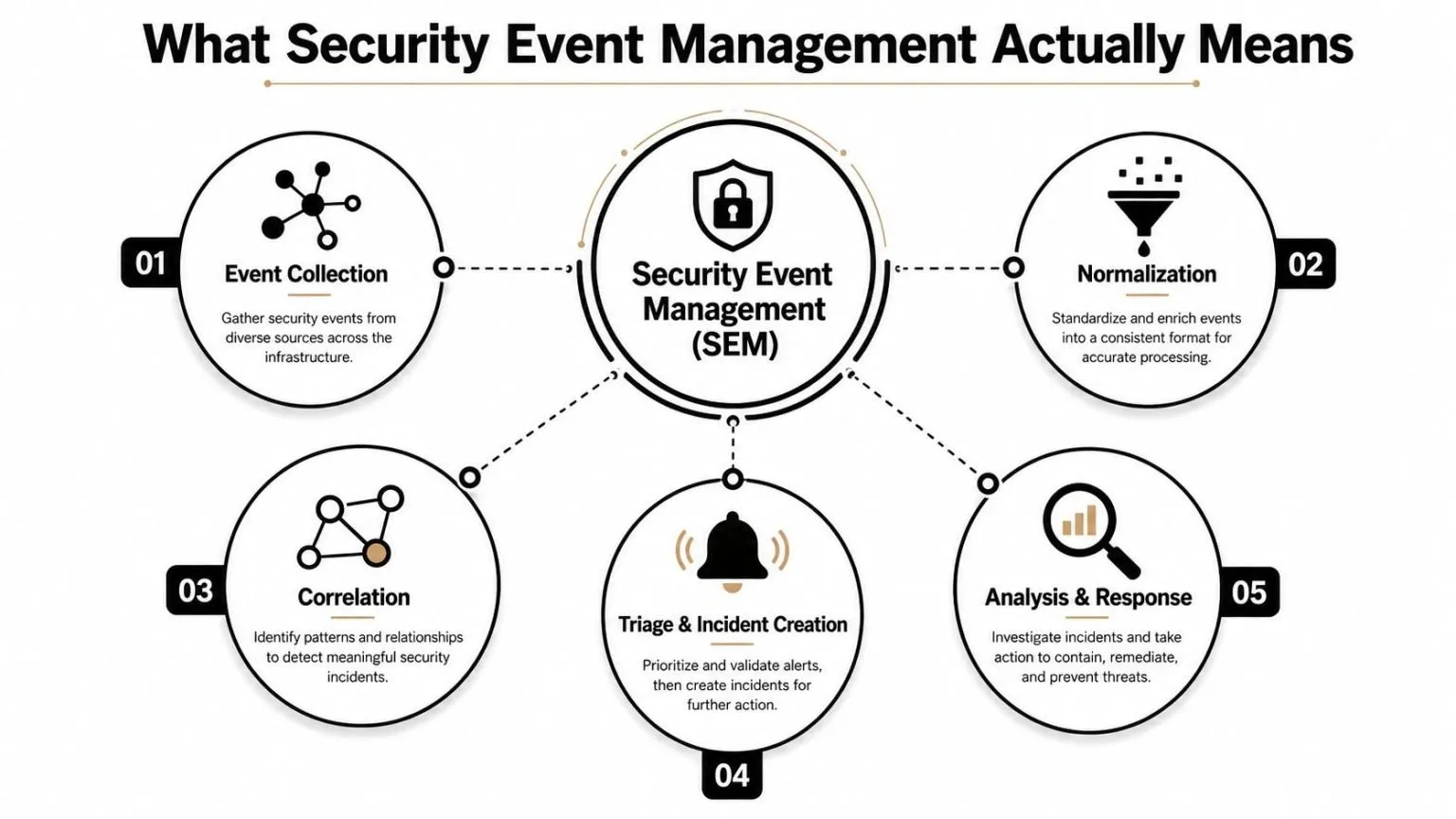A diagram illustrating the five key stages of security event management, including collection, normalization, correlation, triage, and response.