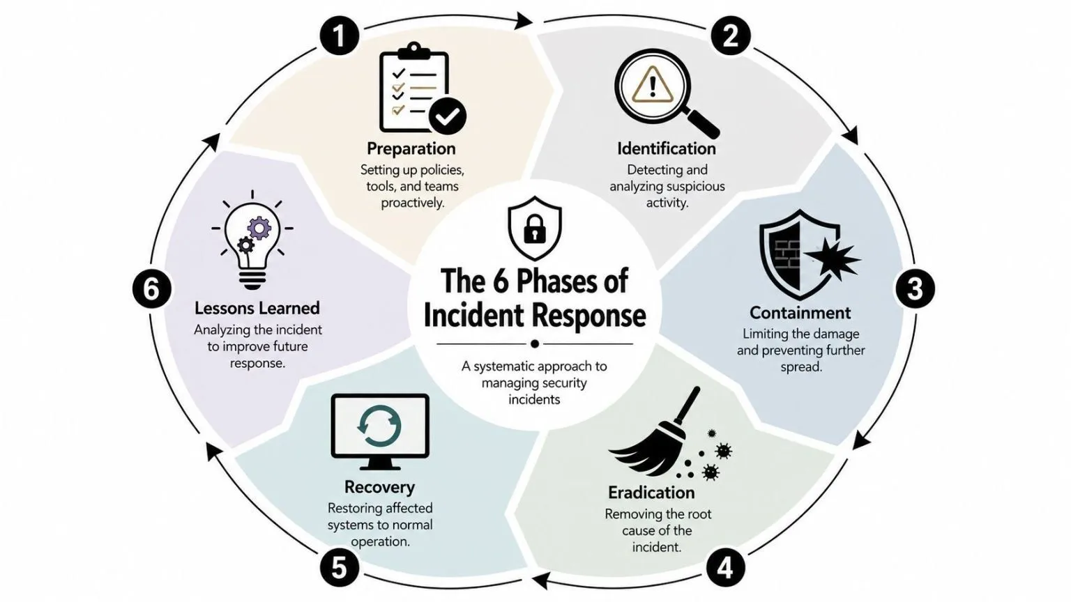 A circular diagram illustrating the six distinct phases of the security incident response lifecycle process.