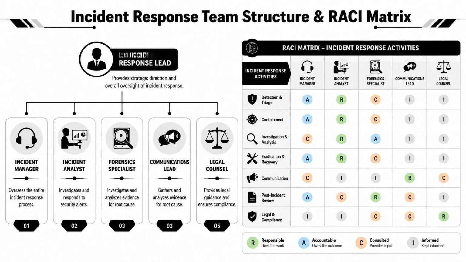 A diagram illustrating an Incident Response Team structure with roles and a RACI matrix for activities.