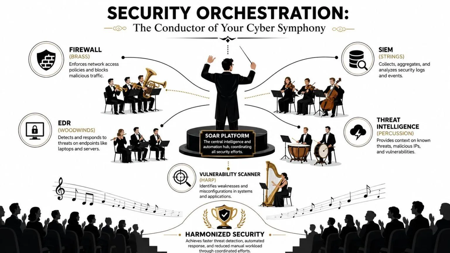 An infographic depicting a security orchestration conductor directing various cybersecurity tools as members of an orchestra.
