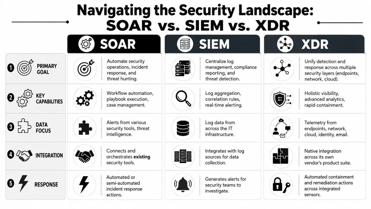 A comparison chart outlining the primary goals, capabilities, and functions of SOAR, SIEM, and XDR security tools.