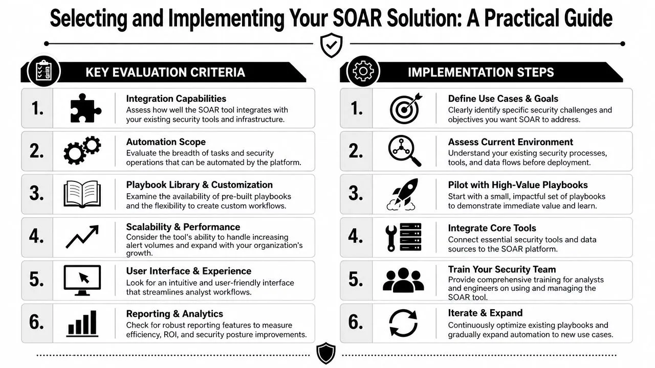 A practical guide graphic outlining six key evaluation criteria and six implementation steps for choosing a SOAR solution.