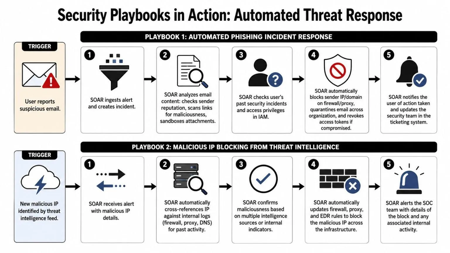 A diagram illustrating two automated security playbooks for phishing response and malicious IP blocking using SOAR technology.