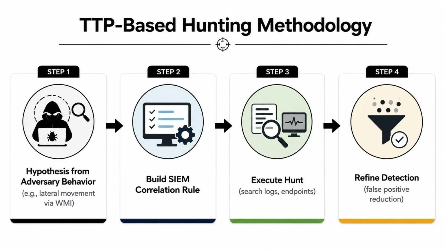 A four-step flowchart illustrating the methodology for threat hunting based on adversary tactics, techniques, and procedures.
