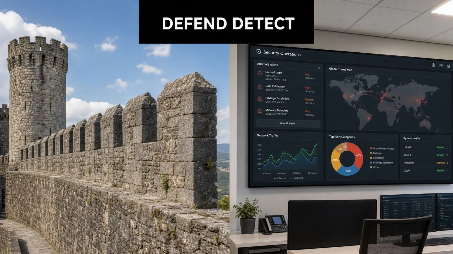 A split screen comparing a medieval castle fortification with a modern cybersecurity threat detection operations center dashboard.