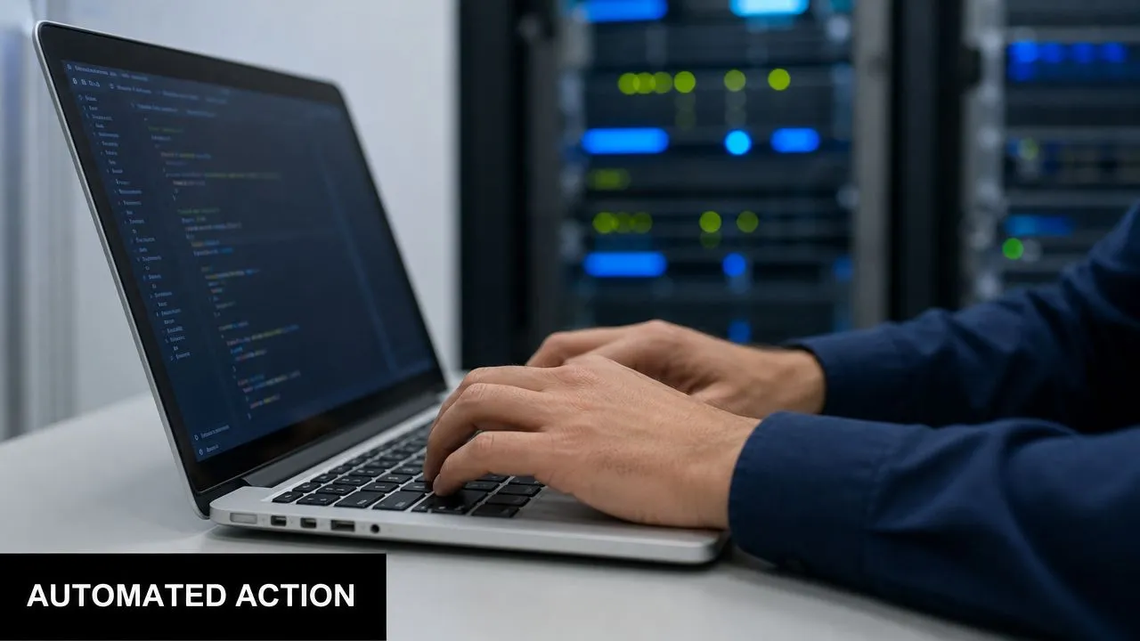 A professional developer coding on a laptop in front of a server room for cybersecurity monitoring.