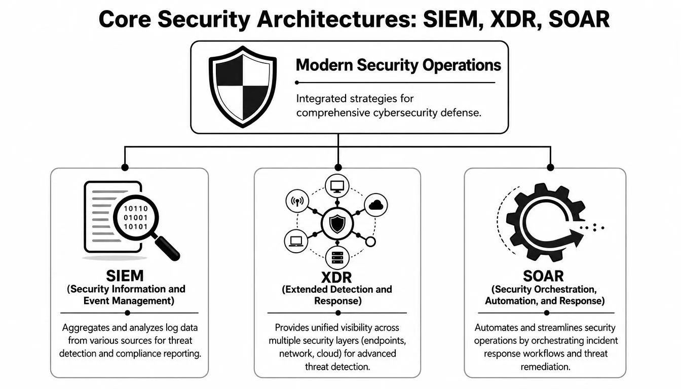 A diagram comparing core security architectures including SIEM for log analysis, XDR for visibility, and SOAR for automation.