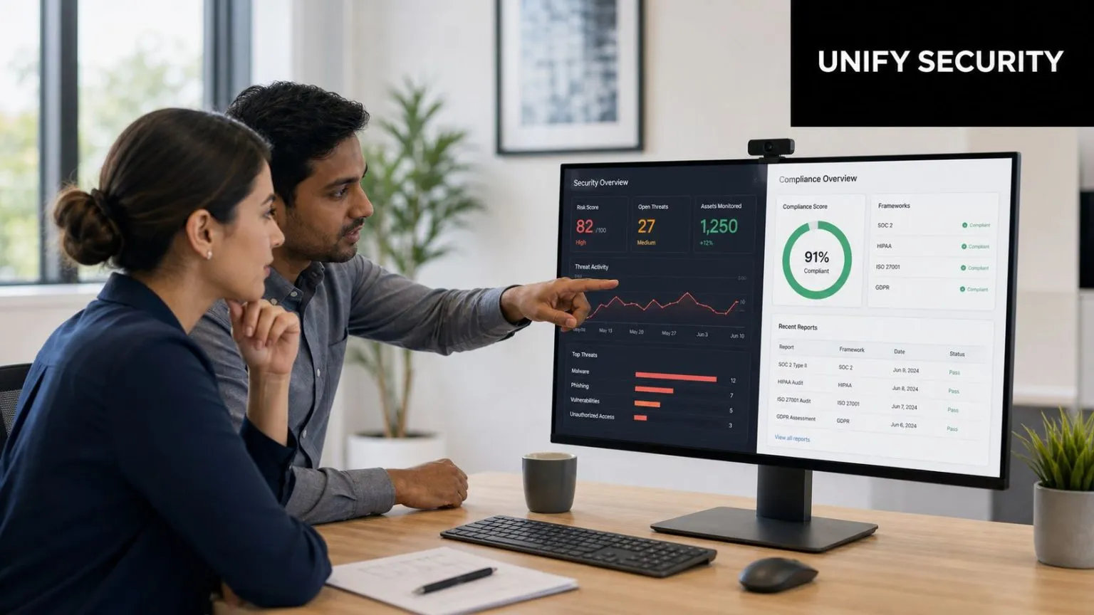 A professional man and woman discussing cyber threat detection and compliance metrics on a desktop computer screen.