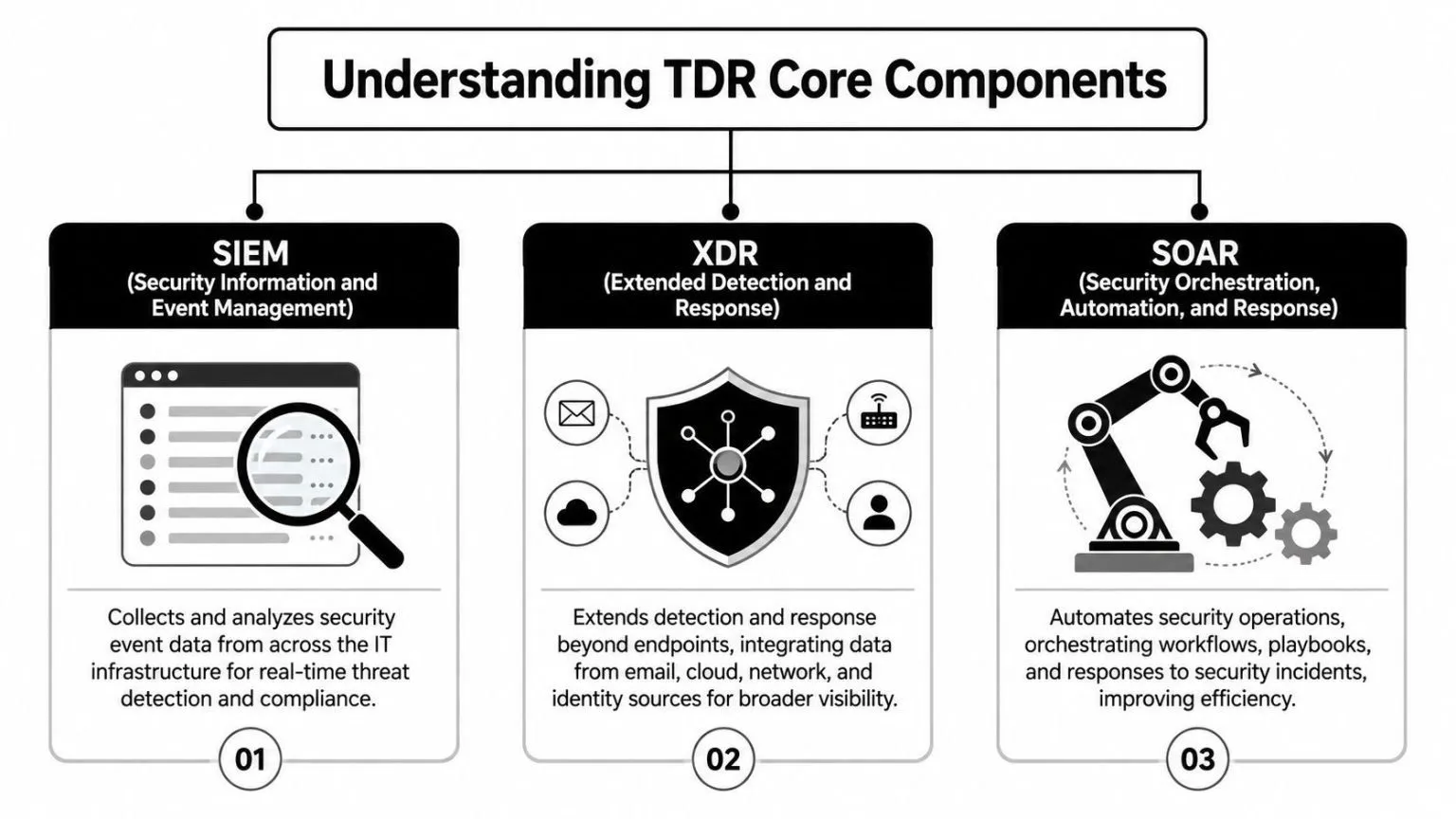 A diagram illustrating the three core components of threat detection and response: SIEM, XDR, and SOAR.