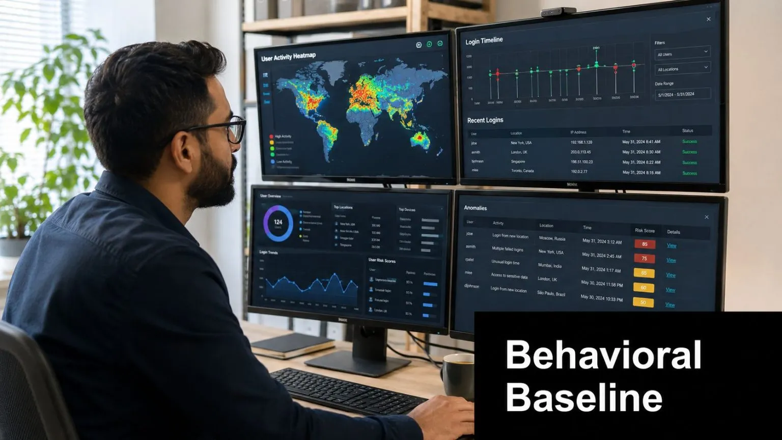 A professional security analyst monitors a dashboard displaying global threat data and user login behavioral anomalies.