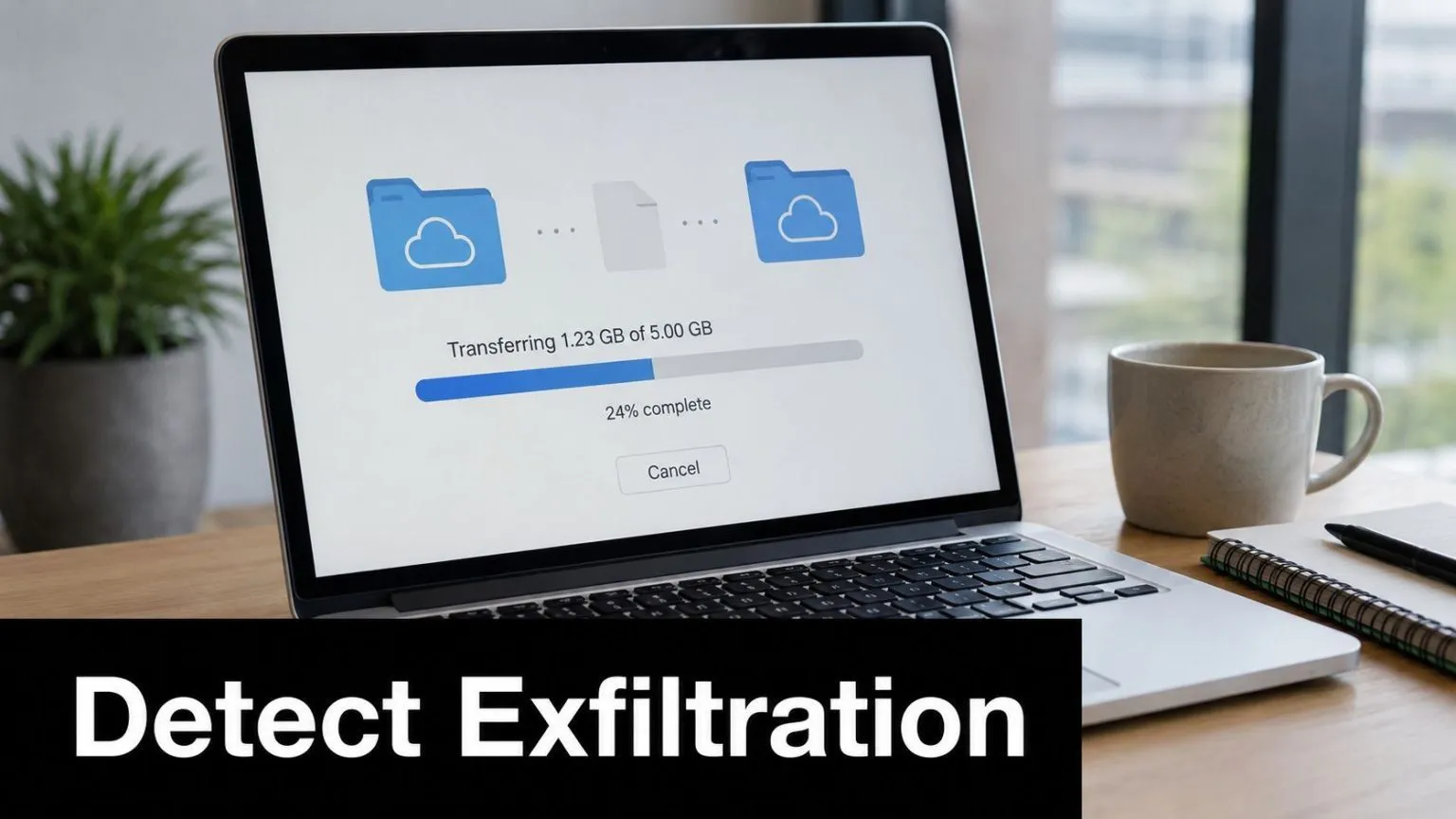 A laptop screen displaying a file transfer process between two cloud folders, symbolizing potential data exfiltration.