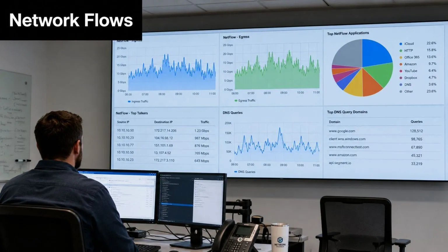 A network engineer working in a modern office monitoring real-time network traffic data on large digital screens.