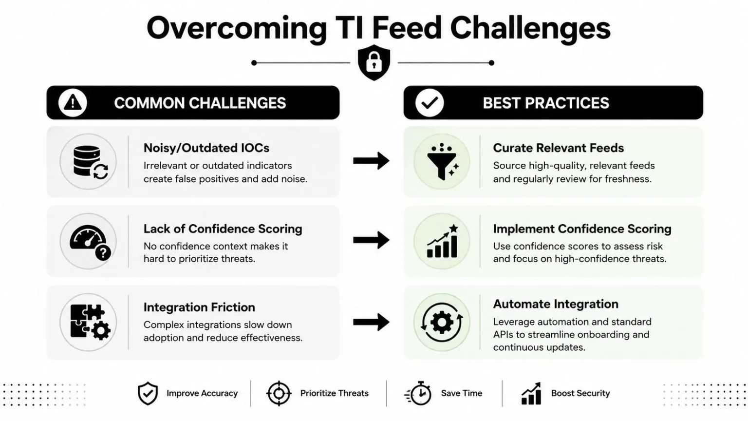 A diagram illustrating common threat intelligence feed challenges and their corresponding best practice solutions for security teams.