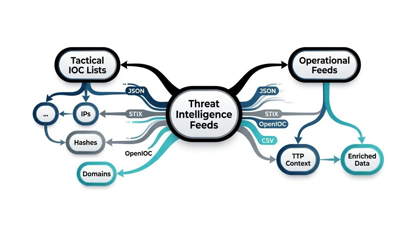 A diagram illustrating how threat intelligence feeds integrate with tactical IOC lists and operational feeds.