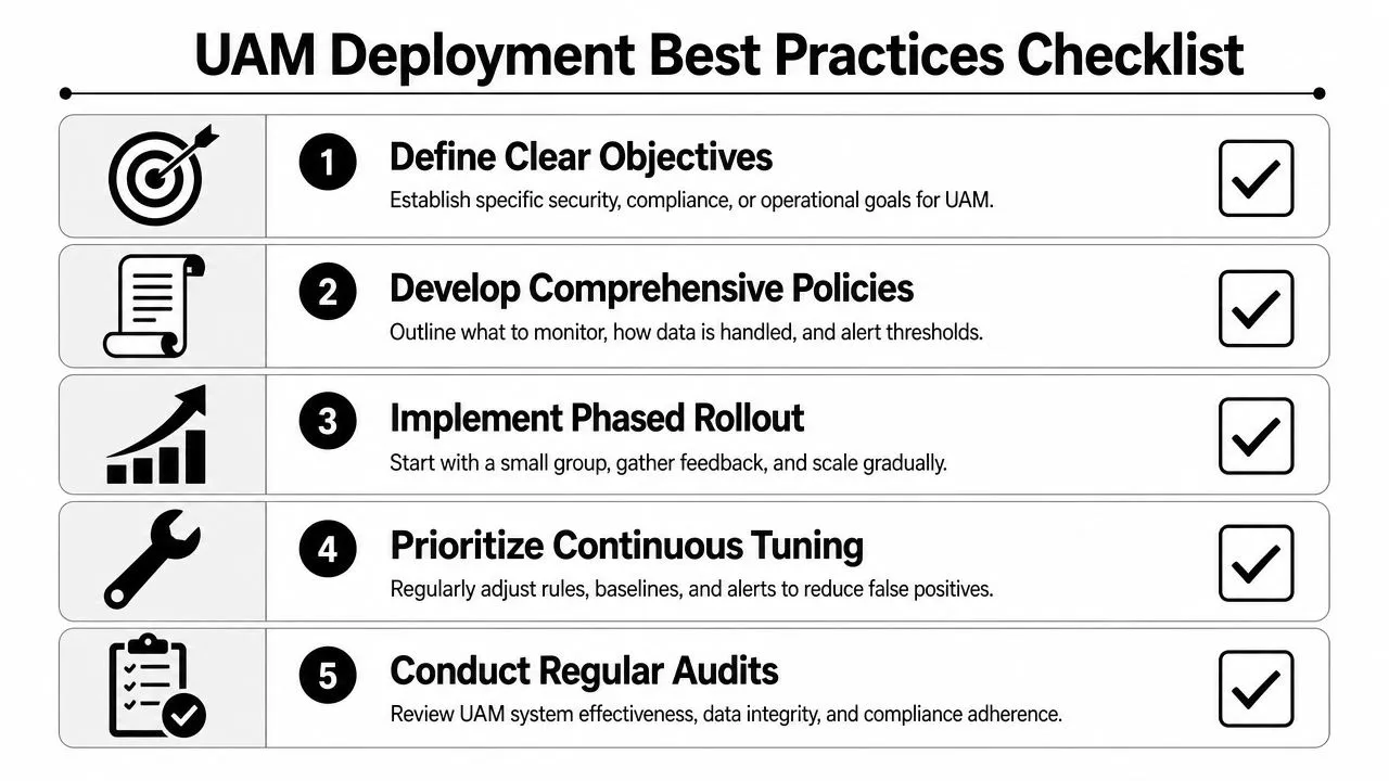 A five-step checklist for UAM deployment best practices, including goal setting, policy development, and continuous auditing.