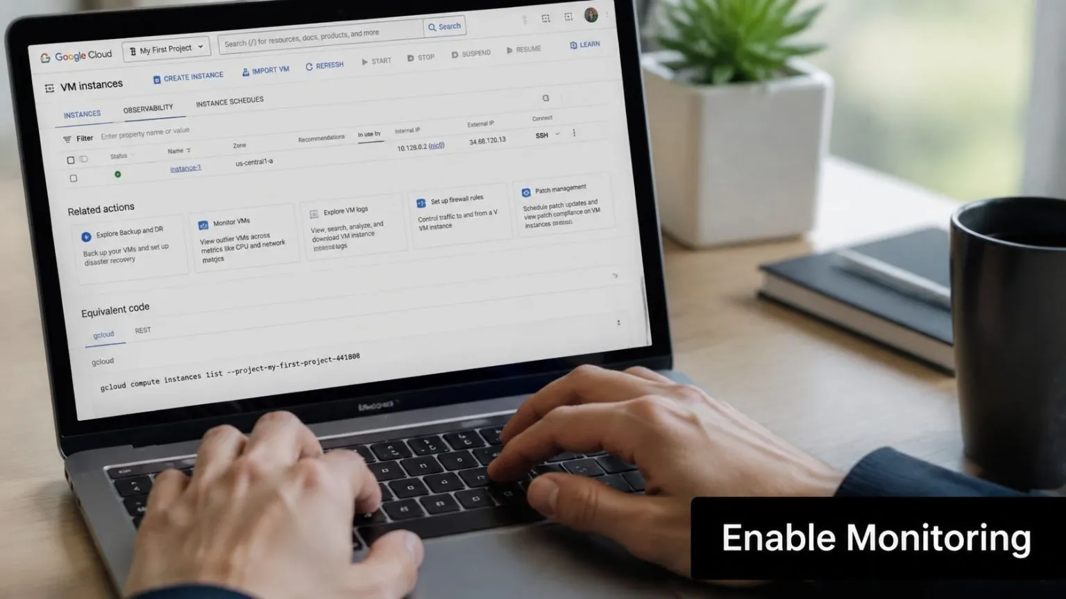 A person using a laptop to manage virtual machine instances on the Google Cloud Platform console.